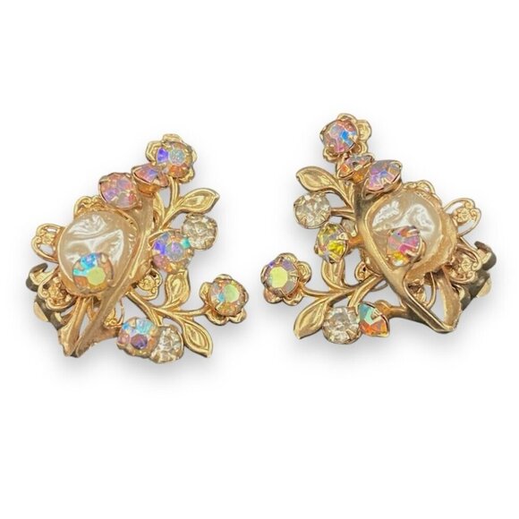 Gorgeous Baroque Style AB Crystal and Faux Pearl Vintage Clip On Earrings - Picture 11 of 11